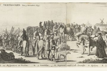 Deel van een anonieme pentekening met het vertrek van het Spaanse garnizoen na de inname van Hulst door Frederik Hendrik in 1645