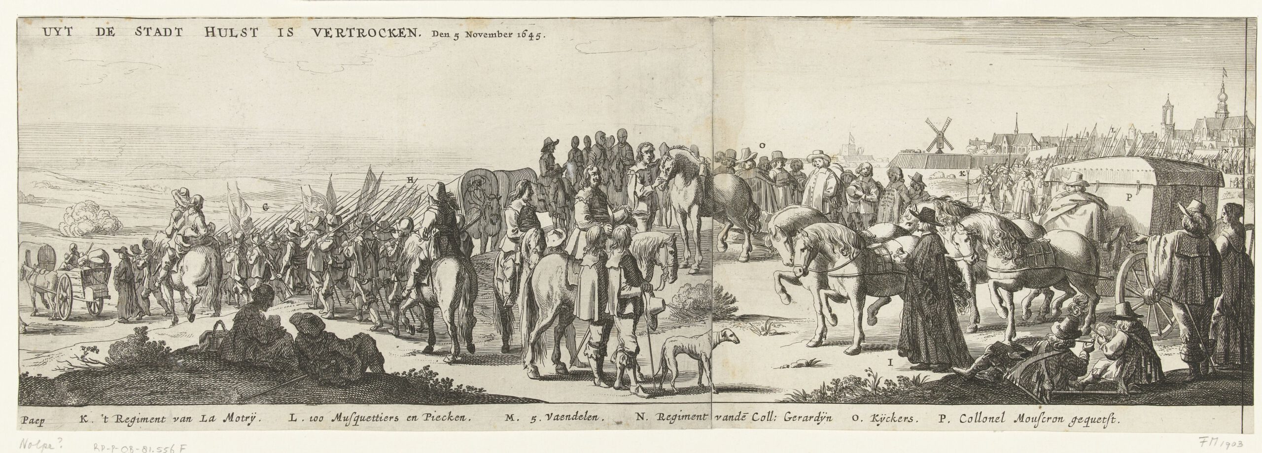 Deel van een anonieme pentekening met het vertrek van het Spaanse garnizoen na de inname van Hulst door Frederik Hendrik in 1645