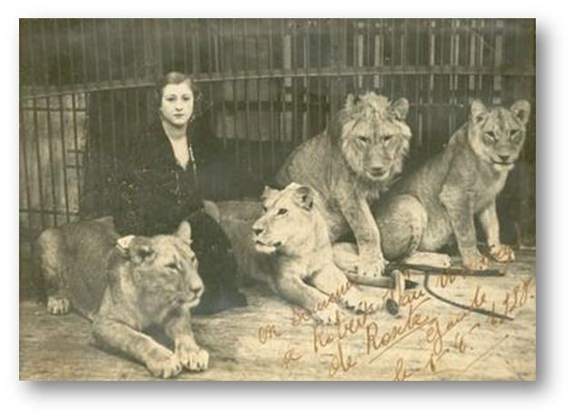 Vrouwelijke dompteur met leeuwen, begin 20e eeuw